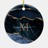 Agate Navy Blue Gold Gemstone Marble Monogram Naam Keramisch Ornament (Achterkant)