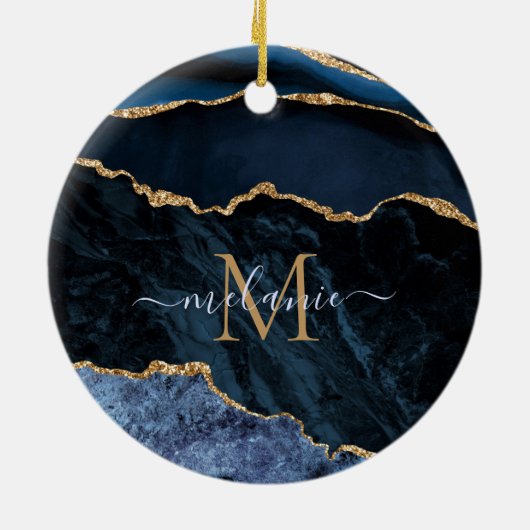 Agate Navy Blue Gold Gemstone Marble Monogram Naam Keramisch Ornament (Achterkant)