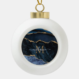 Agate Navy Blue Gold Gemstone Marble Monogram Naam Keramische Bal Ornament