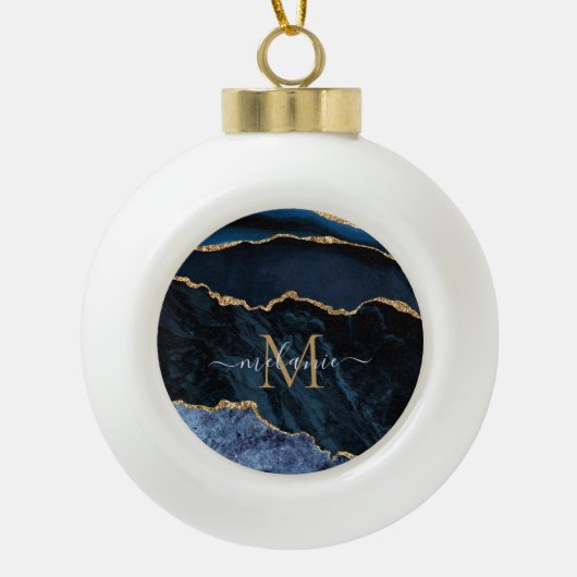 Agate Navy Blue Gold Gemstone Marble Monogram Naam Keramische Bal Ornament (Voorkant)