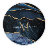 Agate Navy Blue Gold Gemstone Marble Monogram Naam Keramische Knop (Voorkant)