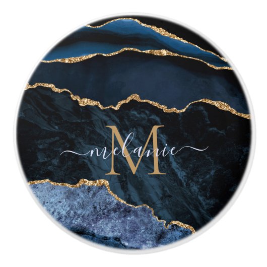 Agate Navy Blue Gold Gemstone Marble Monogram Naam Keramische Knop (Voorkant)