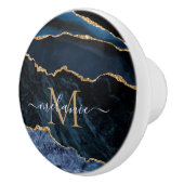 Agate Navy Blue Gold Gemstone Marble Monogram Naam Keramische Knop (Rechts)