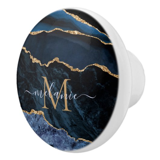 Agate Navy Blue Gold Gemstone Marble Monogram Naam Keramische Knop (Rechts)