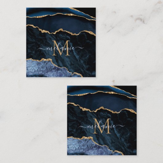 Agate Navy Blue Gold Gemstone Marble Monogram Naam Kortingskaartje (Voorkant / Achterkant)