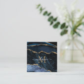 Agate Navy Blue Gold Gemstone Marble Monogram Naam Kortingskaartje (Staand voorkant)
