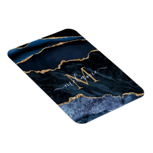 Agate Navy Blue Gold Gemstone Marble Monogram Naam Magneet (Rechterzijde)
