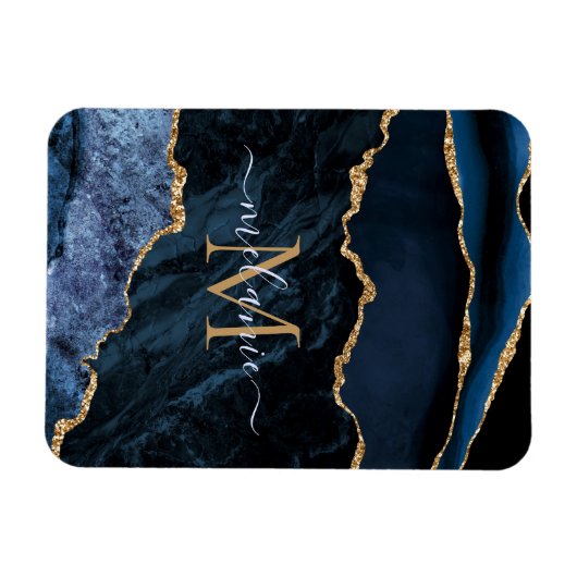 Agate Navy Blue Gold Gemstone Marble Monogram Naam Magneet (Horizontaal)