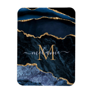 Agate Navy Blue Gold Gemstone Marble Monogram Naam Magneet