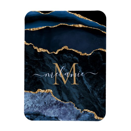 Agate Navy Blue Gold Gemstone Marble Monogram Naam Magneet (Verticaal)