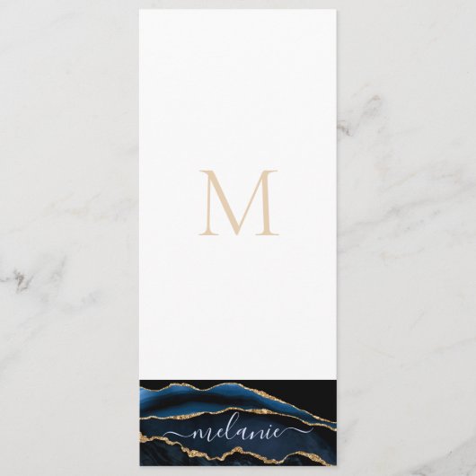 Agate Navy Blue Gold Gemstone Marble Monogram Naam Menu (Voorkant)