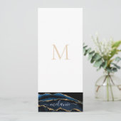 Agate Navy Blue Gold Gemstone Marble Monogram Naam Menu (Staand voorkant)