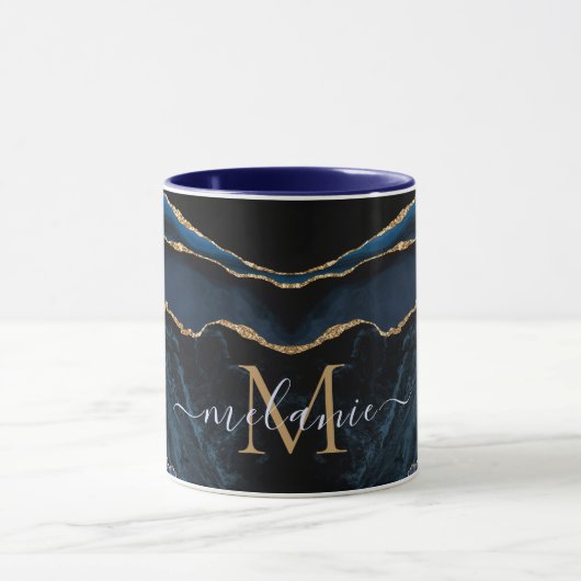 Agate Navy Blue Gold Gemstone Marble Monogram Naam Mok (Midden)