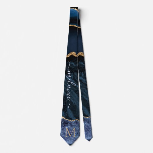 Agate Navy Blue Gold Gemstone Marble Monogram Naam Stropdas (Voorkant)
