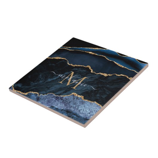 Agate Navy Blue Gold Gemstone Marble Monogram Naam Tegeltje (Zijkant)