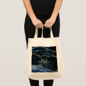 Agate Navy Blue Gold Gemstone Marble Monogram Naam Tote Bag (Voorkant (product))