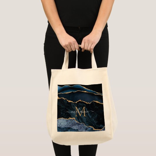 Agate Navy Blue Gold Gemstone Marble Monogram Naam Tote Bag (Voorkant (product))