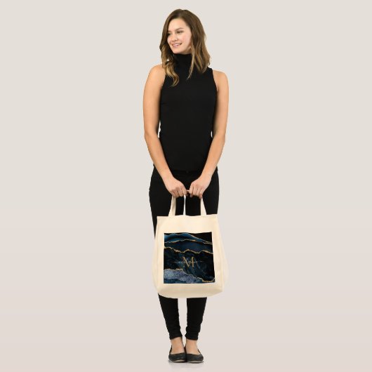 Agate Navy Blue Gold Gemstone Marble Monogram Naam Tote Bag (Voorkant (model))
