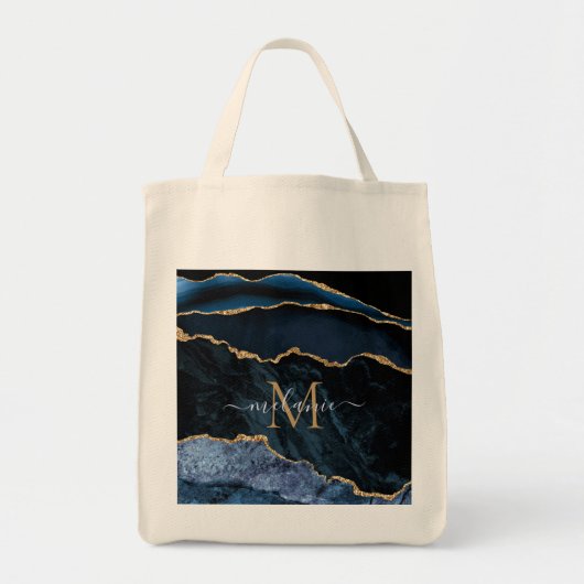 Agate Navy Blue Gold Gemstone Marble Monogram Naam Tote Bag (Voorkant)