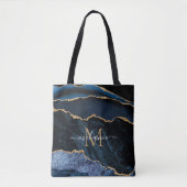 Agate Navy Blue Gold Gemstone Marble Monogram Naam Tote Bag (Voorkant)