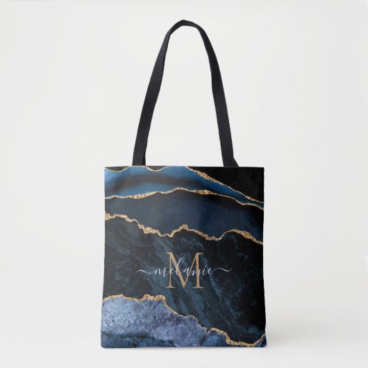 Agate Navy Blue Gold Gemstone Marble Monogram Naam Tote Bag (Voorkant)