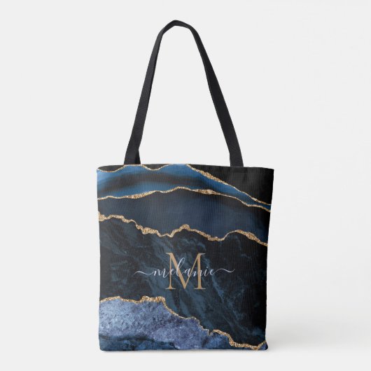 Agate Navy Blue Gold Gemstone Marble Monogram Naam Tote Bag (Achterkant)