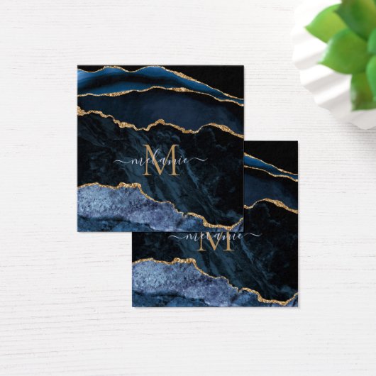 Agate Navy Blue Gold Gemstone Marble Monogram Naam Vierkante Visitekaartjes (Bureau)