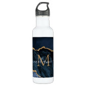 Agate Navy Blue Gold Gemstone Marble Monogram Naam Waterfles (Voorkant)