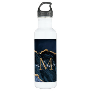 Agate Navy Blue Gold Gemstone Marble Monogram Naam Waterfles