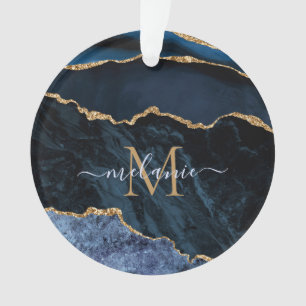 Agate Navy Blue Gold Gemstone Marble Monogram Ornament