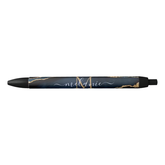 Agate Navy Blue Gold Gemstone Marble Monogram Pen (Voorkant)