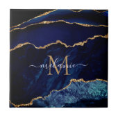 Agate Navy Blue Gold Gemstone Marble Monogram Tegeltje (Voorkant)