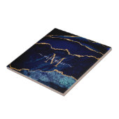 Agate Navy Blue Gold Gemstone Marble Monogram Tegeltje (Zijkant)