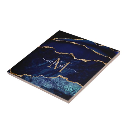 Agate Navy Blue Gold Gemstone Marble Monogram Tegeltje (Zijkant)
