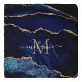 Agate Navy Blue Gold Gemstone Marble Monogram Trivet (Voorkant)