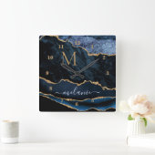 Agate Navy Blue Gold Gemstone Marble Monogram Vierkante Klok (Huis)