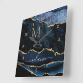 Agate Navy Blue Gold Gemstone Marble Monogram Vierkante Klok (Hoek)