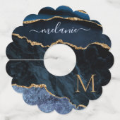 Agate Navy Blue Gold Gemstone Marble Wijnglaslabel (Voorkant)