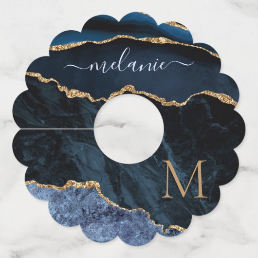 Agate Navy Blue Gold Gemstone Marble Wijnglaslabel (Voorkant)