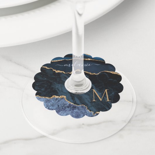 Agate Navy Blue Gold Gemstone Marble Wijnglaslabel (Dichtbij)