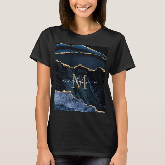 Agate Navy Blue Gold Gemstone T-Shirt - Monogram (Voorkant)