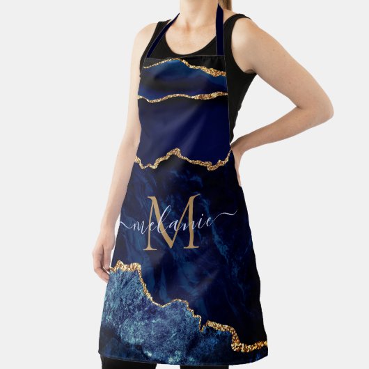 Agate Navy Blue Gold Geode Monogram Naam Schort (Insitu)