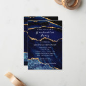 Agate Navy Blue Gold Marble Afstuderen Invitation Notitiekaartje (Voorkant / Achterkant in situ)