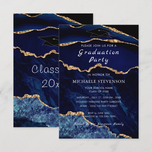 Agate Navy Blue Gold Marble Afstuderen Invitation Notitiekaartje (Voorkant / Achterkant)