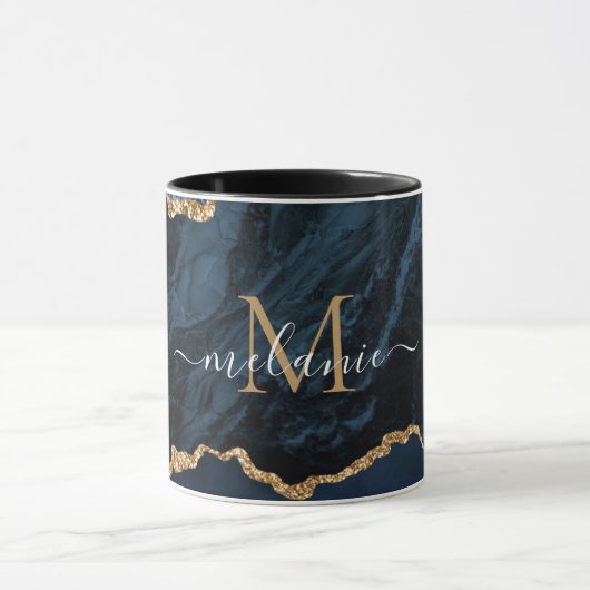 Agate Navy Blue Gold Marble Jouw naam Letter Mok (Midden)