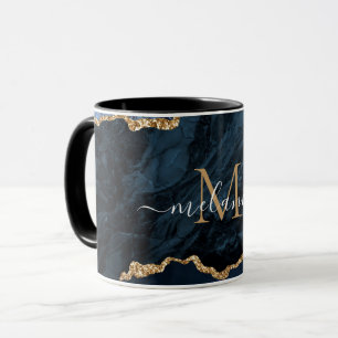 Agate Navy Blue Gold Marble Jouw naam Letter Mok