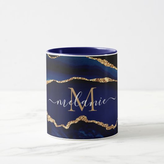 Agate Navy Blue Gold Marble Jouw naam Letter Mok (Midden)