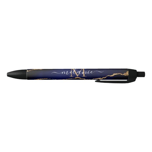 Agate Navy Blue Gold Marble Jouw naam Letter Pen (Bodem)
