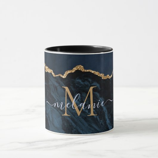 Agate Navy Blue Gold Marble Mok - Aangepaste naam (Midden)