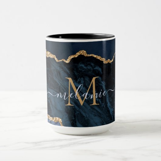 Agate Navy Blue Gold Marble Monogram Name Mok (Midden)
